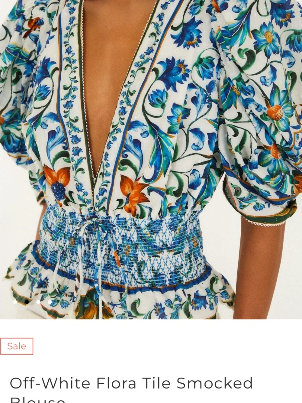 FARM Rio Off-White Floral Tile Blouse with Blue & Orange Print